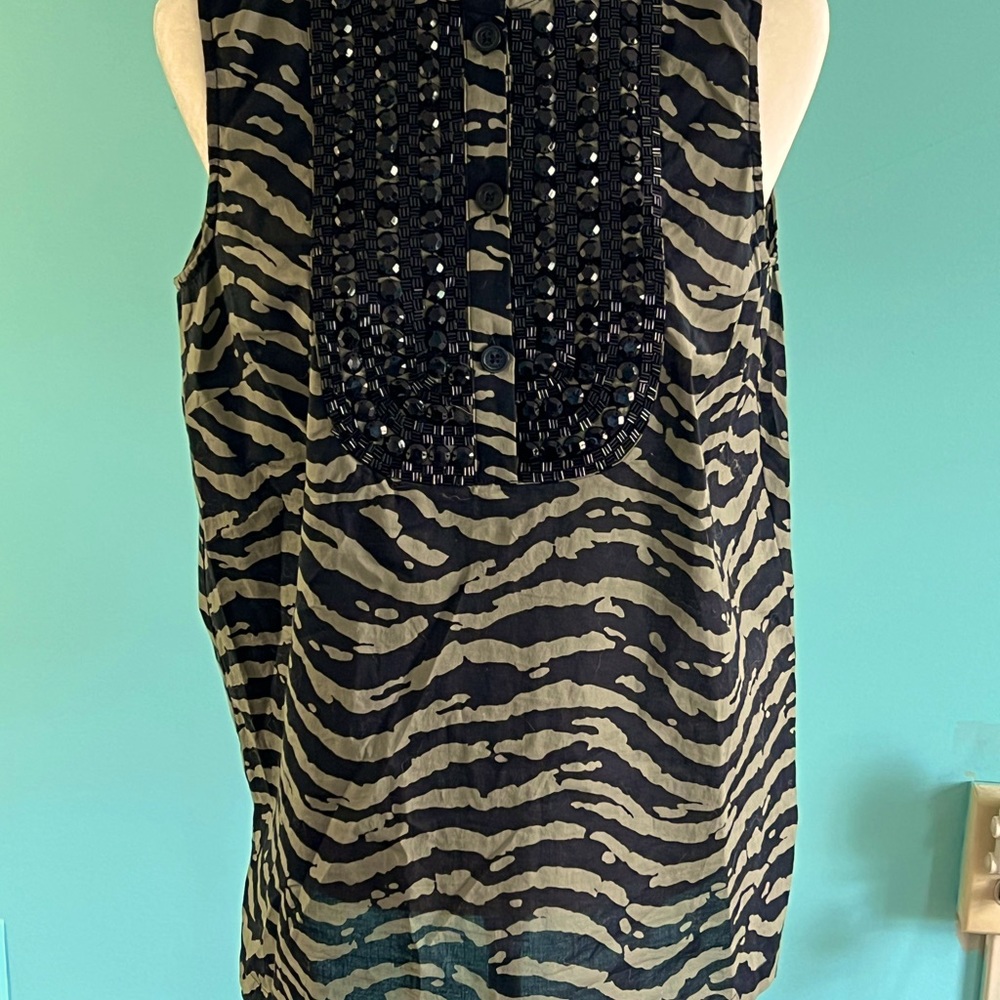 MICHAEL KORS Black/Olive Zebra Print Sleeveless Beaded Blouse Size Medium